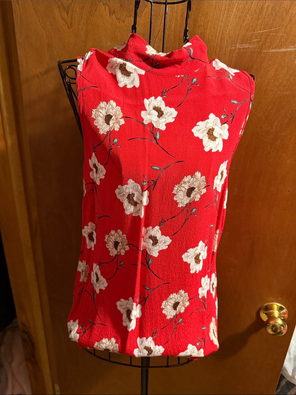 Red Floral Sleeveless Mock Neck Top